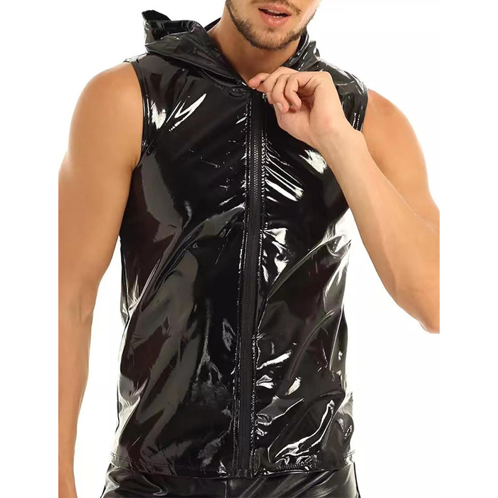 Чоловіча сорочка з лакованої шкіри Wetlook, сексуальна модель, для вечірок (L, Чорний)