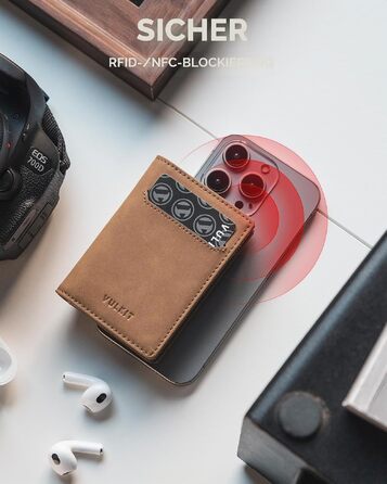 Чоловічий шкіряний картхолдер VULKIT з монетницею, вікном для ID та RFID/NFC захищеним алюмінієвим кейсом для 10 карток, Коричневий