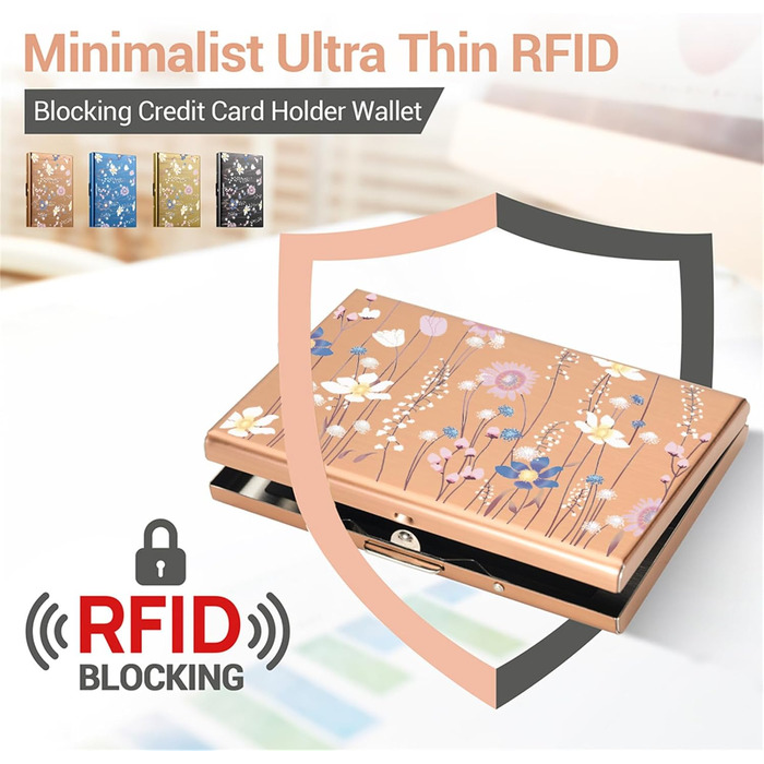 Ультратонкий металевий картхолдер з RFID-захистом від скіммінгу, гаманець для кредитних карток на 6 слотів, колір Rosegold з квітковим принтом, унісекс