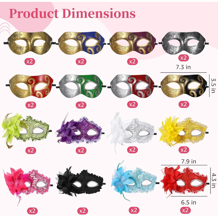 Набір масок для карнавалу 32 шт. з пір'ям та стразами, напівмаски для святкування, з стрічками