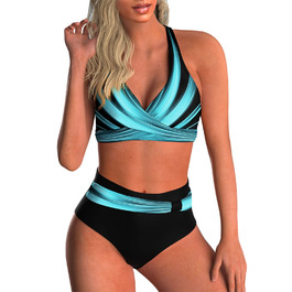 Жіночий двочастинний купальник Adigaber з V-подібним вирізом, квітковий принт, бікіні з животом, комплект M, синій у смужку