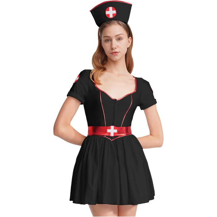 Костюм медсестри Eandarui: комплект форми лікаря/медсестри з короткими рукавами, сукня з V-подібним вирізом та спідницею А-силуету, з поясом та пов'язкою, чорний