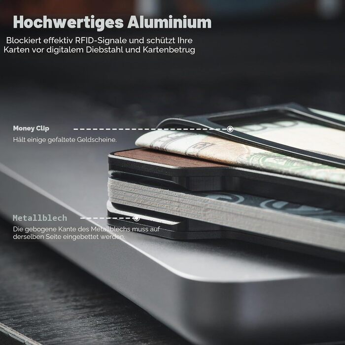 Чоловічий картхолдер VULKIT зі сталевим затискачем для грошей, Slim Wallet з RFID-захистом, компактний гаманець з текстурою під дерево на 12–15 карток
