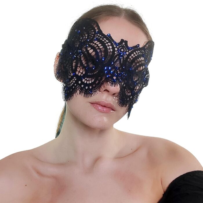 Чорна маска з мереживом та блакитними стразами для жінок - венеціанська маска для маскараду, карнавалу, Хелловіну, вечірки, Фашінгу, костюмного балу, ручної роботи, елегантна маска для очей чорного кольору (з блакитними стразами)