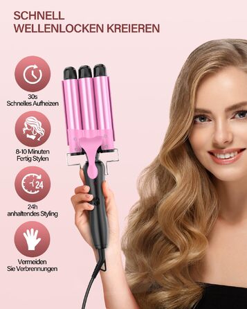 Плойка для волосся Welleneisen для створення пляжних хвиль (Beach Waves), 3 барабани, 25 мм, керамічне покриття, з регулюванням температури та рукавичкою, рожева