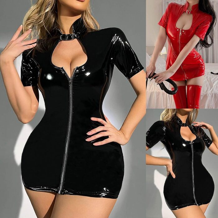 Латексна сукня для дорослих, червона, короткий фасон, сукня з латексу та шкіри, сексуальна білизна, міні-сукня, еротичний костюм (M)