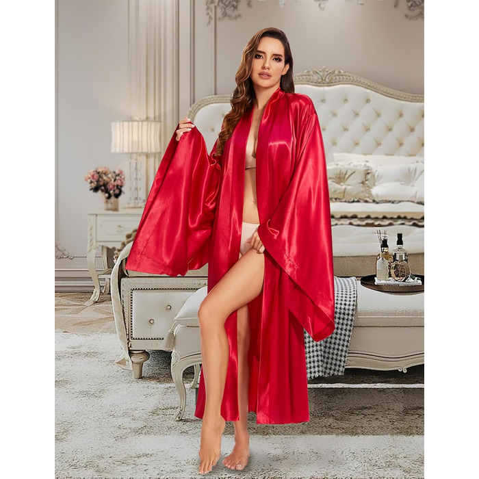 Кимоно жіноче шовкове для вечірки, весілля, нічної сорочки, халат з атласу, великі розміри (червоний, M)