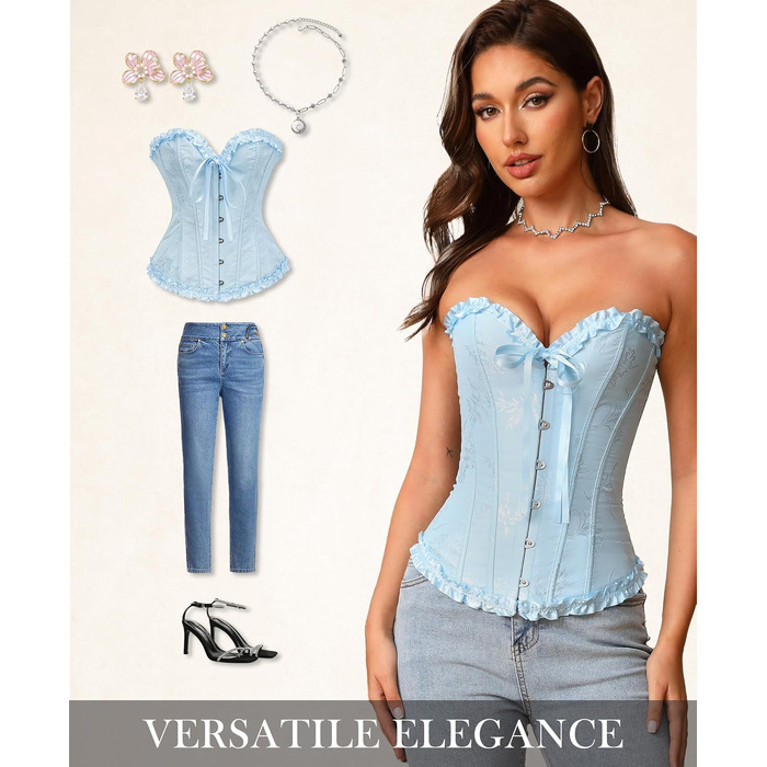 Корсет для жінок - бюстєль-корсет, топ - для великої груди, шнурівка, талія, спідня білизна - квітковий принт, блакитний колір, розмір S