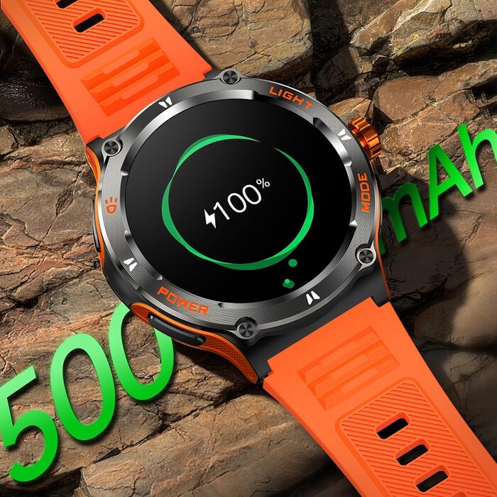 Смарт-годинник findtime Military — ударостійкий тактичний годинник з компасом, LED-ліхтариком, функцією дзвінків та моніторингом пульсу 24h, для Android та iOS (Помаранчевий)