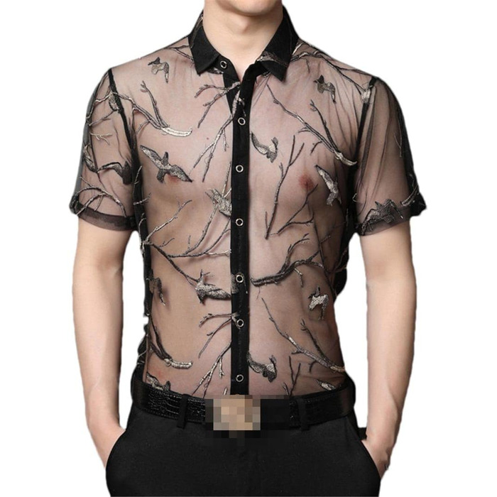 Чоловіча сорочка Deepsko з вишивкою, прозора нижня частина, літня сітка, сексуальний короткий рукав, чорний, XL