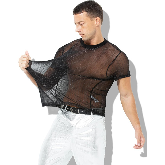 Чоловіча футболка Casey Kevin Herren з прозорою тканиною, коротким рукавом, чорна - Sparkle & Shine