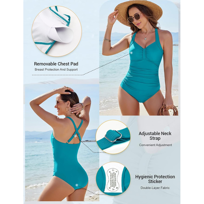 Купальник жіночий Nadeer Badeanzug великих розмірів з високою талією, Push Up, V-подібний виріз, спортивний, блакитний, розмір S