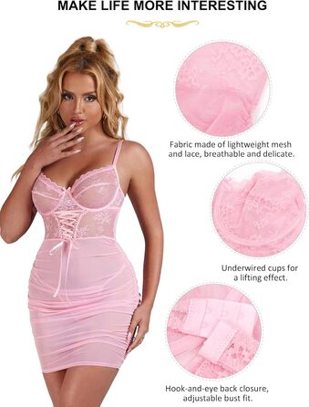 Сексуальна спідня сорочка Keid для жінок з пишними формами, мереживна, прозора, міні-сукня, Push Up, нічний халат, великі розміри, спідня білизна, рукава, V-подібний виріз, нічна сорочка з гачками, для вечірок, клубної моди (Рожева, XXL)