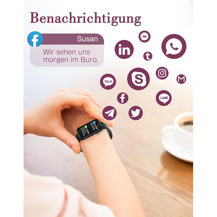 Смарт-годинник для жінок 1.47'' Fitness Tracker: моніторинг пульсу, SpO2, сну, крокомір, відстеження менструального циклу, сповіщення дзвінків та WhatsApp, сумісний з Android та iOS, чорний