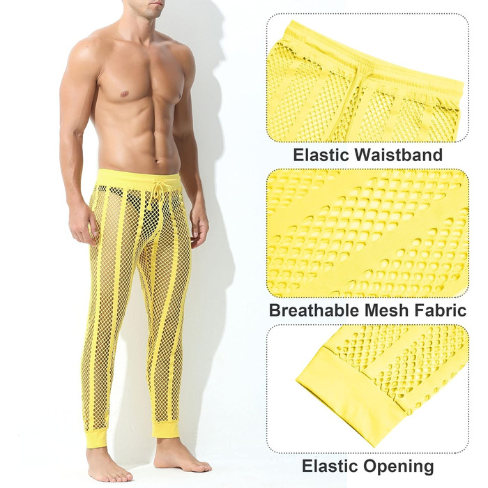 Чоловічі прозорі штани FEOYA з сітки, леггінси, піжама, сексуальна прозора сітка, спортивні шорти, нижня білизна, штани з шнурком (XL, жовтий)