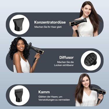 Професійний фен для волосся CONFU 2400W з іонізацією, дифузором та вузьким соплом, 2 швидкості та 3 температурні режими, AC-мотор, чорний