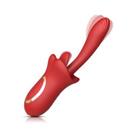 Вібратор жіночий кліторальний та точковий G-Spot Dildo з язичковим стимулятором – 10 режимів вібрації, силікон, червоний