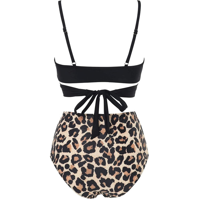 Бікіні жіночий з рюшами, комплект 2 шт. - топ з перехресною застібкою та пуш-ап, трусики з високою талією та зав'язками на спині, леопардовий принт, розмір XL