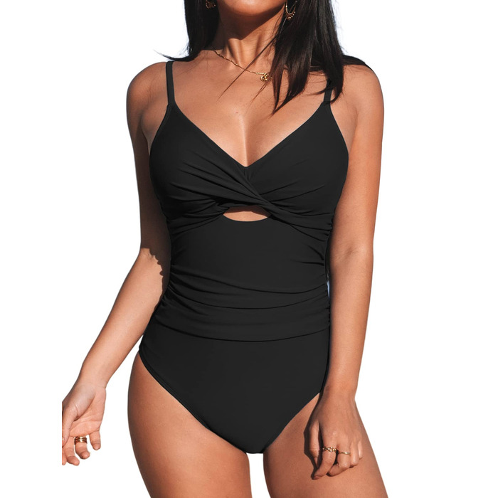 Купальник CUPSHE жіночий чорний з V-поглибленням та ефектом запаху, однотонний, з драпіруванням та декоративними вирізами