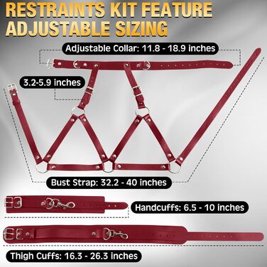Набір для БДСМ-пов'язання: шкіряне спорядження з наручниками та манжетами для стегон, іграшка для пар, червоний колір