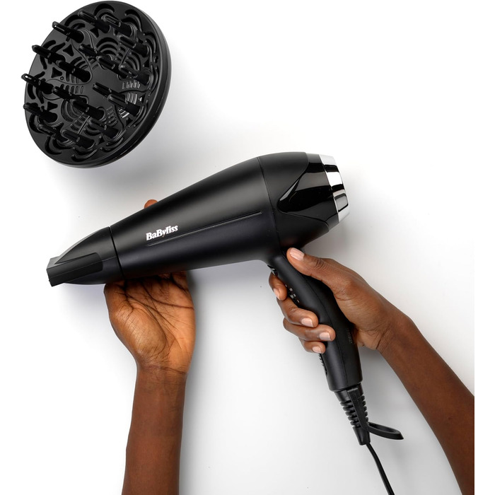 Фен для волосся BaByliss Turbo Smooth D572DE, 2200 Вт, з іонізацією та дифузором, 3 температурні режими, чорний