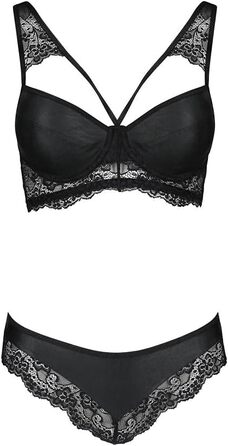Чорний жіночий комплект спідньої білизни: бюстгальтер з кісточками та стрінги з штучної шкіри та мережива, S-M