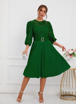 Сукня міді Spitzenkleid: плісе, пишні рукави, довжина міді, зелена (M)