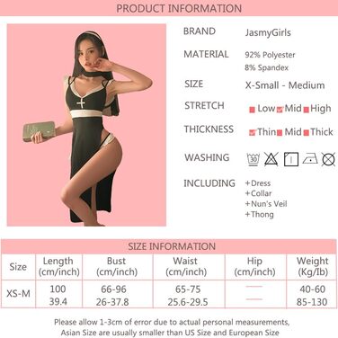 Костюм для косплею JasmyGirls: сексуальний образ черниці, дівочий, демонічний, на Хелловін. Сукня з високим розрізом, чорна, V-подібний виріз, розміри XS-M