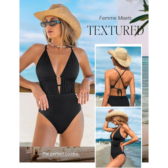 Чоловічий купальник CUPSHE з глибоким V-подібним вирізом, на зав'язках, з текстурою, одноцільний, чорний