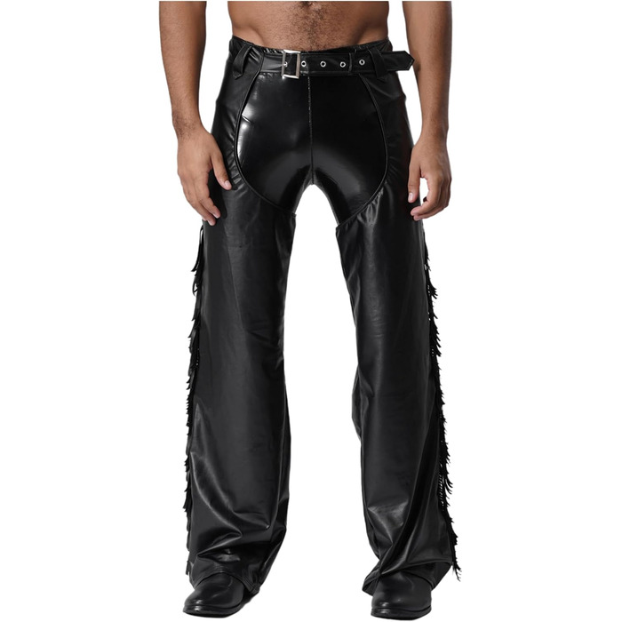 Костюм ковбоя з еластичної шкіри TTAO для чоловіків: штани з відкритим кроком, з бахромою та пряжкою, чорного кольору