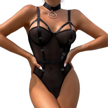 Комплект білизни SINROYEE: Боді-боди з мереживом та шкіряними вставками, пуш-ап бюстгальтер, чорний (S)