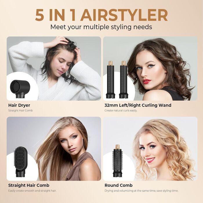 Стайлер для волосся 5 в 1 UKLISS Airstyler Pro: багатофункціональний набір для сушіння та укладки (фен, брашинг, гофре, вирівнювач), 1000 Вт, чорний