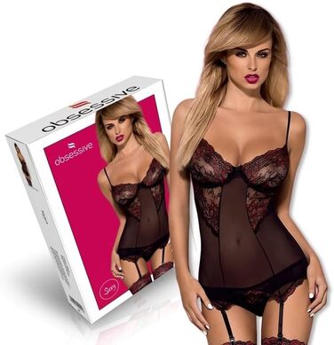 Ефектний комплект нижньої білизни Obsessive: корсет-боді з стрінгами та супортниками, S-M, чорний/бордовий