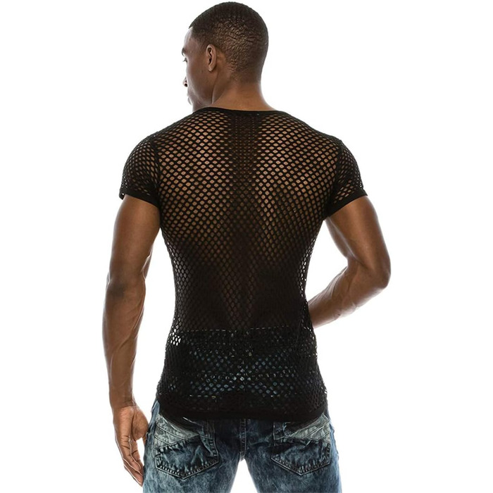 Чоловіча футболка з сітки, стильна, на короткий рукав, для клубу та вечірок, streetwear, чорна, XXL