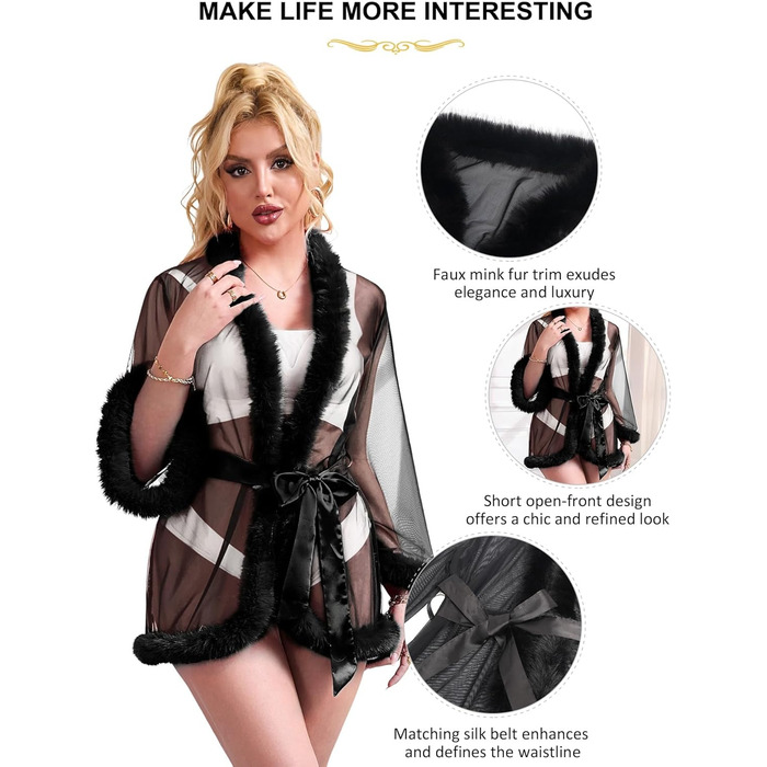 Кимоно Sunushinelady для жінок: коротка, сексуальна нічна сорочка з пір'ям, прозора, великі розміри, babydoll, з поясом, пляжний халат, неглиже, спідня білизна, чорний, XS-S