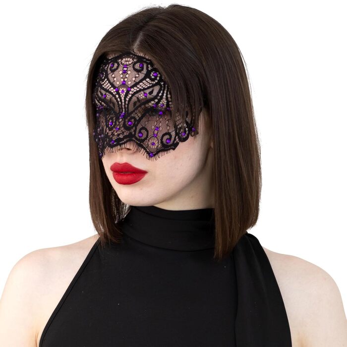 Чорна мереживна маска для жінок з кристалами – елегантна венеціанська маска для маскараду, готичної вечірки, косплею, карнавалу та особливих подій – ручної роботи (чорна з фіолетовими стразами)