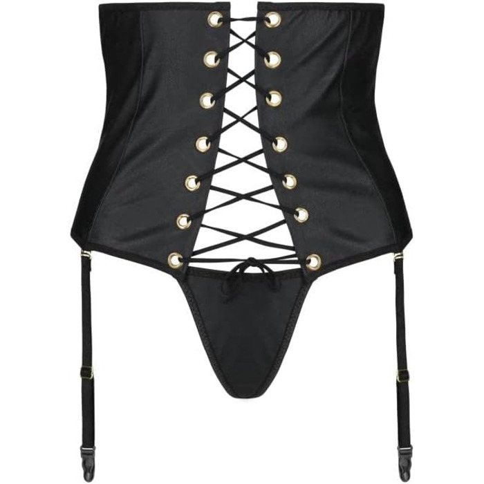 Корсет-стрінг Passion з чорної екошкіри, набір з шнурівкою та металевими кільцями, S-M, чорний