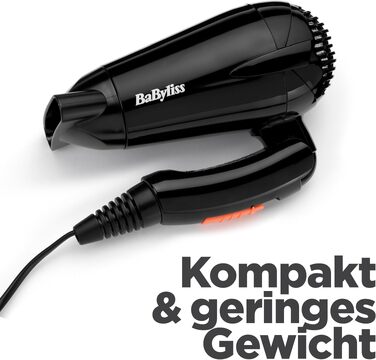 Складаний дорожній фен BaByliss Travel Folding 2000W з універсальною напругою, 2 режими температури та швидкості, чорний/помаранчевий, 5334E