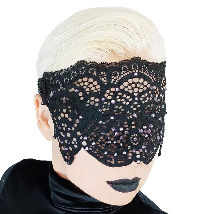 Чорна мереживна маска для жінок з чорними стразами, елегантна маска на пів обличчя, маска для маскарату та карнавалу, мереживна вечірня маска з гумкою (Чорний (фіолетові стрази))