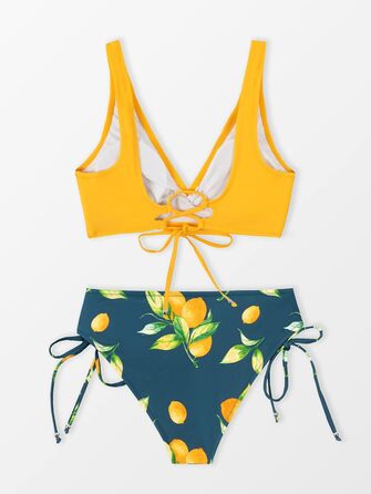 CUPSHE Bikini Set: Розкішний двочастинний купальник з квітковим принтом, низька посадка, шнурівка, лимонний колір