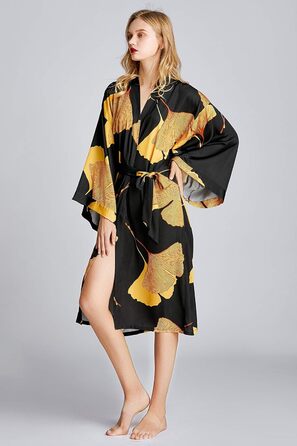 Жіночий халат-кімоно з довгим рукавом з атласу, принт листя гінкго, для нареченої/свідки, універсальний розмір, чорний