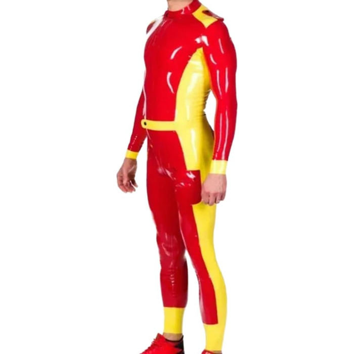 Комбінезон чоловічий з латексного гуму (100%), червоний/жовтий, з швами, для Хелловіну, клубів, ролевих ігор, вечірок, розмір XL