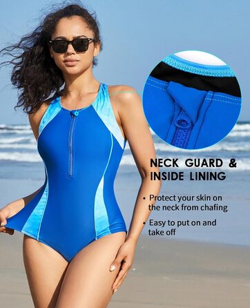 Купальник жіночий Charmo з животом, спортивний, з блискавкою спереду, блакитний/темно-синій, з чашками