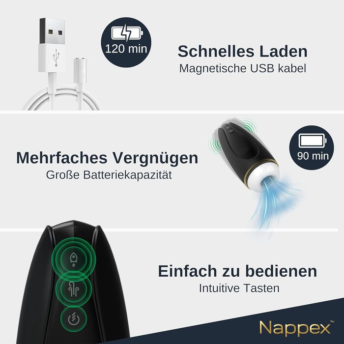 Електричний мастубатор для чоловіків Nappex Branco з потужним всмоктуванням та вібрацією, режим оргазму, чорний