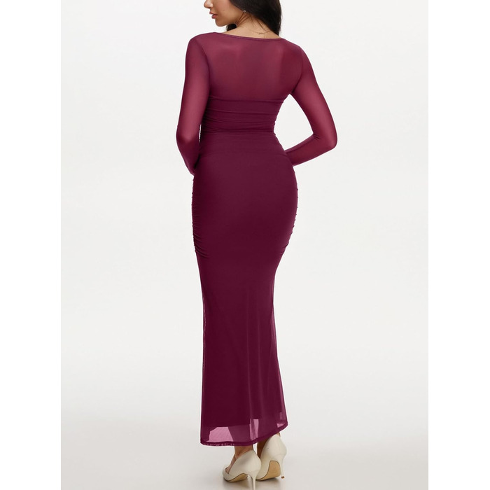 REORIA Макі сукня для жінок з довгими рукавами для гостей на весілля. Прозора сітчаста тканина, квадратний виріз, обтягуючий силует. (Кордован, XS)