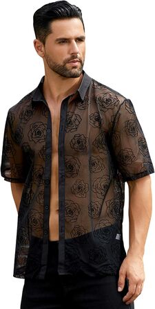 Чоловіча мереживна сорочка з короткими рукавами ABEHIK для рейв-вечірок та клубу (темно-синій, S)