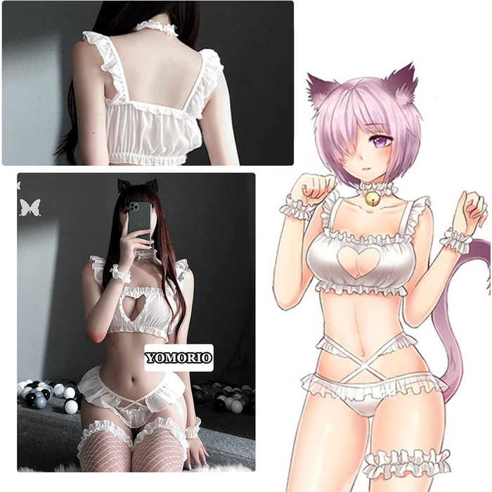 Костюм для косплею Томорі: Милий кіт, жіночий, сексуальний, відкрита груди, Лоліта, японський стиль, нічна сорочка, білий