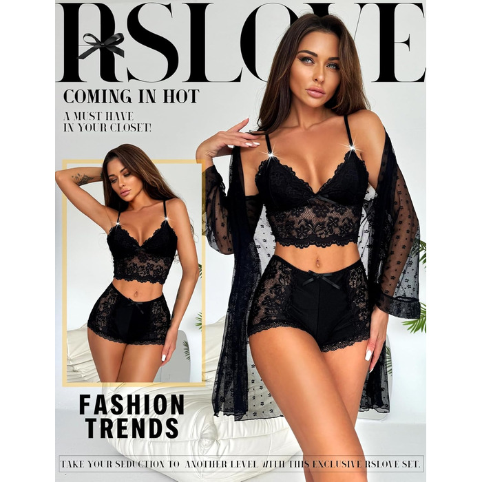 Сексуальний комплект спідньої білизни RSLOVE для жінок - мереживний халат, бюстгальтер та труси XXL чорного кольору