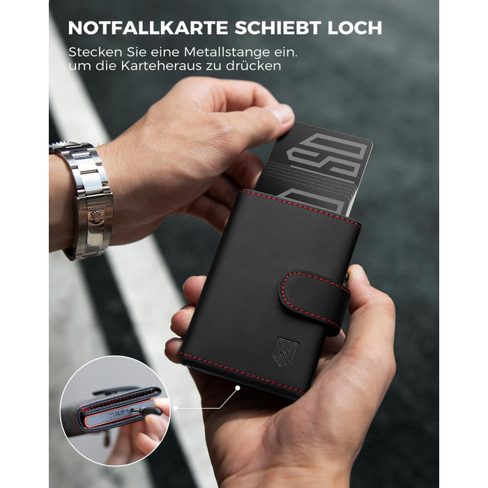 Чоловічий RFID гаманець-картхолдер DODENSHA з автоматичним pop-up механізмом, відділенням для монет та вікном для ID, алюмінієвий (Чорний-червоний)