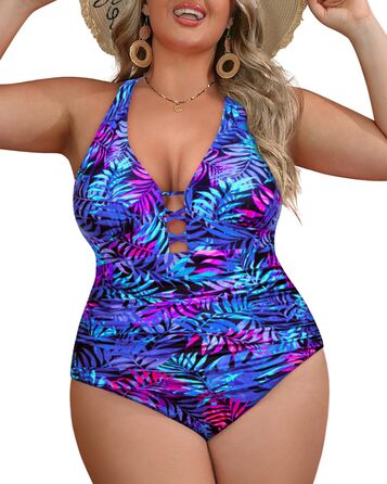 Купальник суцільний жіночий великих розмірів Yonique Plus Size з мереживом, глибоким V-вирізом та ефектом схуднення (сині листя)